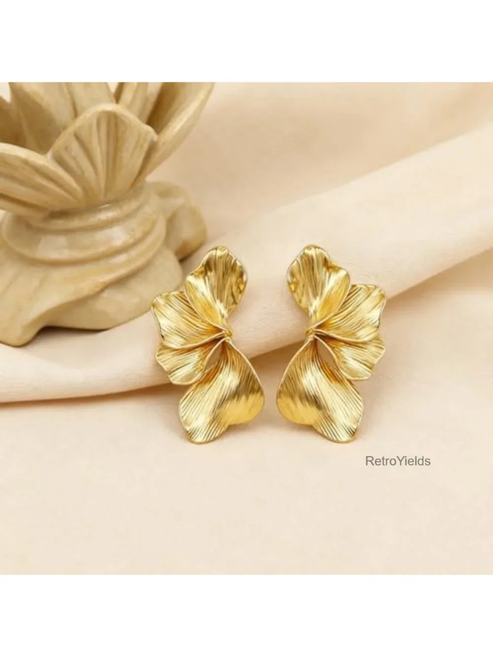 Gold Plated Flower Stud Earrings Women's Textured Floral Drop Earrings